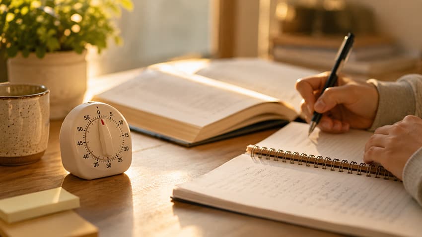 Pomodoro tekniğiyle verimli ders çalışan öğrenci ve masaüstü zamanlayıcı