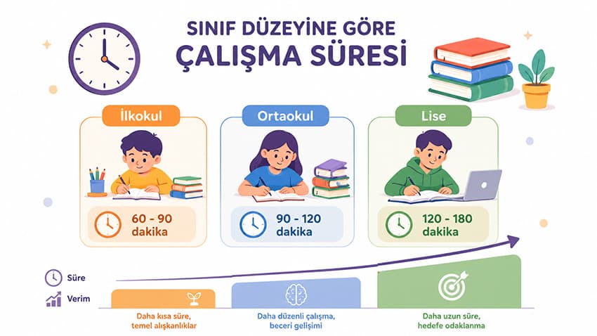 Sınıf seviyesine göre günlük ideal ders çalışma süresi infografiği