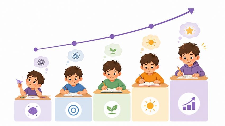Yaşa göre çocuklarda dikkat süresi gelişimini gösteren infografik