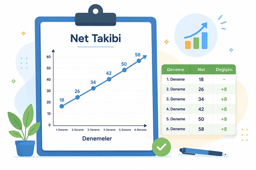 Denemelerde net takibi grafiği ve deneme analiz tablosu ile gelişim takibi.