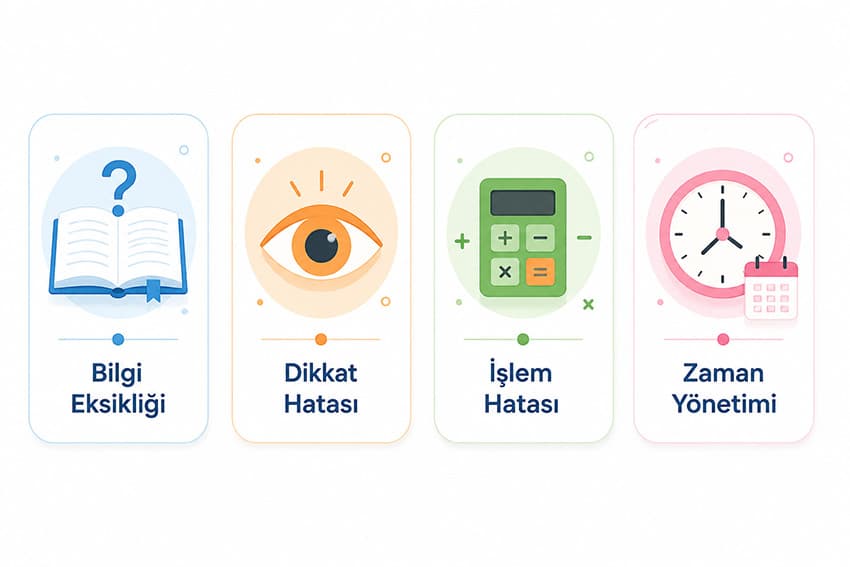 Deneme analizinde yanlış nedenleri kategorileri: bilgi eksikliği, dikkat hatası, işlem hatası ve zaman yönetimi.