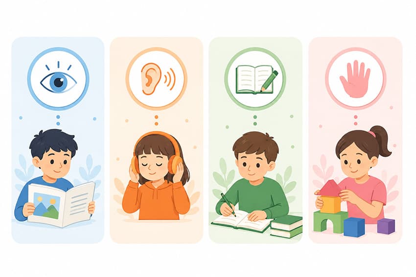 Görsel işitsel okuma yazma ve kinestetik öğrenme stillerini gösteren VARK modeli infografiği