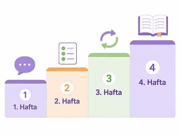 Dört haftada evde öğrenme rutini kurma planını gösteren kademeli ilerleme tablosu