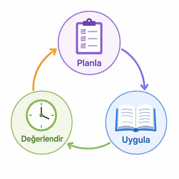 Evde öğrenme rutininin planlama, uygulama ve değerlendirme aşamalarını gösteren döngü şeması