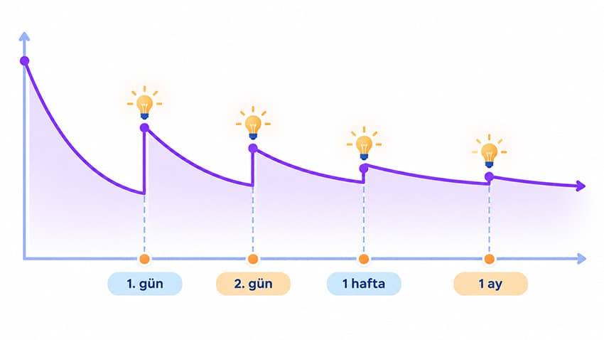 Aktif hatırlama ve aralıklı tekrar takvimini unutma eğrisi üzerinde gösteren infografik