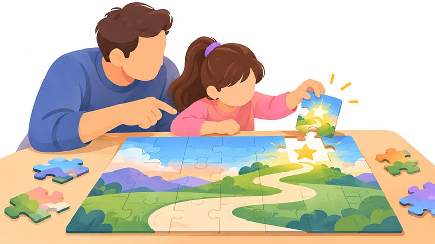 Çocuğun ihtiyacını belirlemek için doğru yapboz parçasını birlikte arayan veli ve çocuk illüstrasyonu