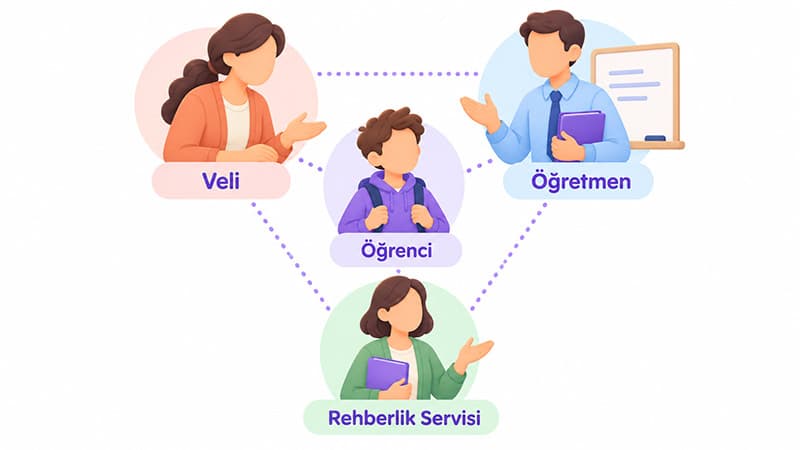 Öğretmen, veli ve okul rehberlik servisinin öğrenci için iş birliği yapmasını anlatan illüstrasyon