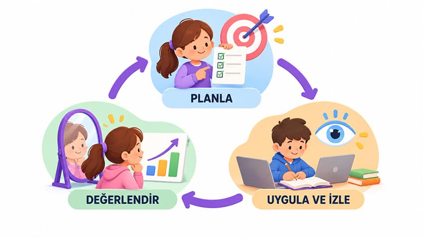 Planla, uygula ve izle, değerlendir aşamalarından oluşan öz düzenlemeli öğrenme döngüsü