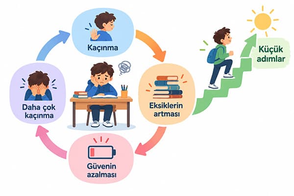 Ortaokul öğrencisinde kaçınma, eksiklerin artması ve özgüven kaybından oluşan döngüyü anlatan illüstrasyon