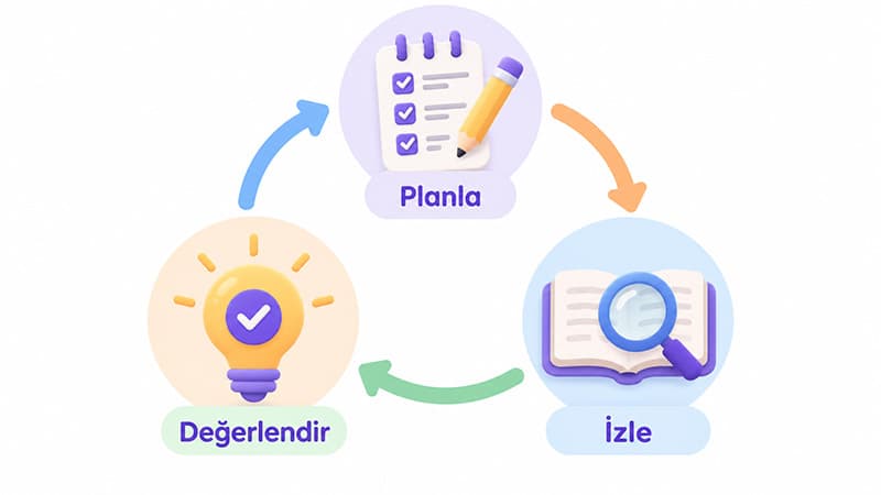 Çocuğun eğitim sürecinde planla, izle ve değerlendir adımlarından oluşan üstbiliş döngüsü