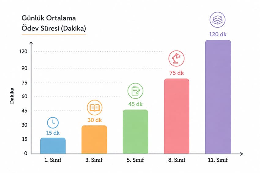 Sınıf düzeyine göre önerilen günlük ödev süresini gösteren 10 dakika kuralı grafiği