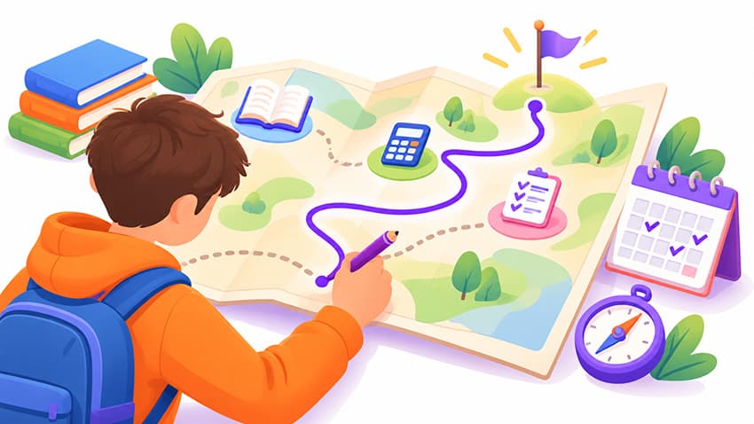 Harita üzerinde rotasını yeniden çizen öğrenciyle çalışma programını bir yol haritası olarak anlatan illüstrasyon