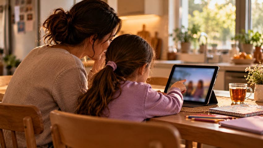 Tabletteki bir videoyu annesiyle birlikte inceleyen ve içeriği sorgulayan ilkokul öğrencisi