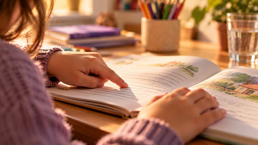 Parmağıyla satırları takip ederek kitap okuyan ilkokul öğrencisi