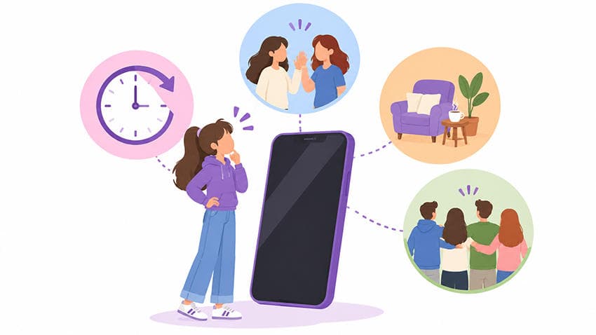 Telefonun çocuk için karşıladığı arkadaşlık, dinlenme, aidiyet ve alışkanlık ihtiyaçlarını anlatan çizim
