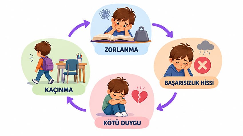 Zorlanma, başarısızlık hissi ve kaçınma arasındaki döngüyü gösteren illüstrasyon